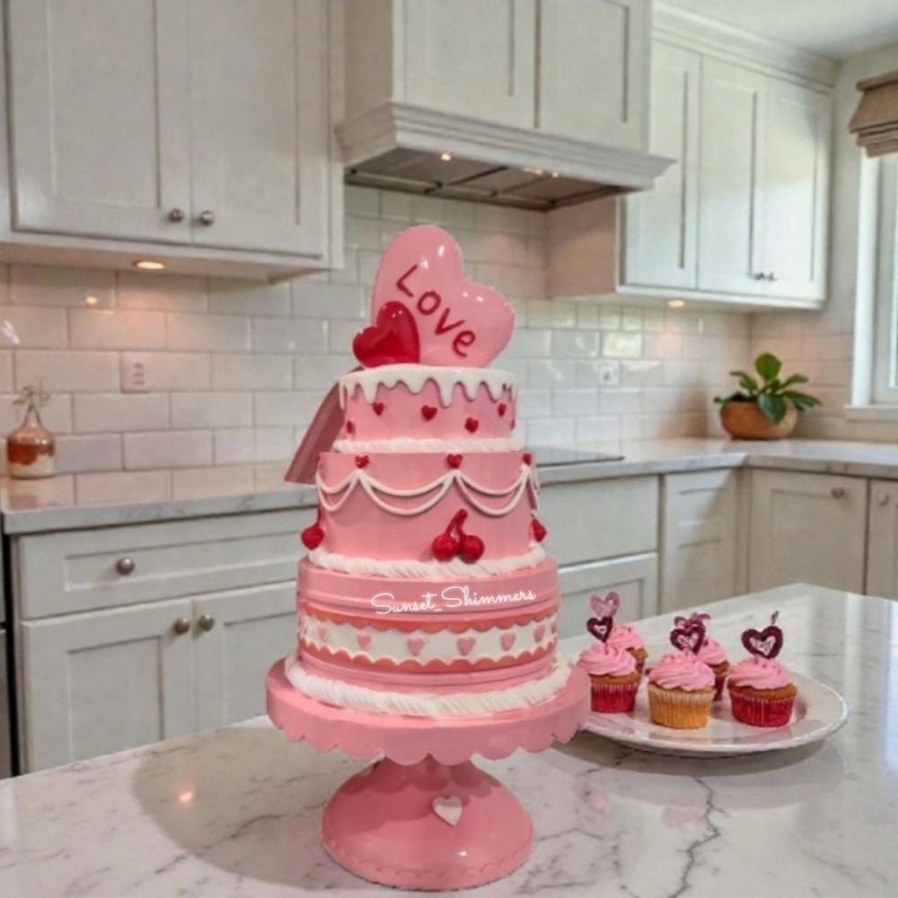 Bella Lux Pink Valentines Heart Cherry Tier Cake Pedistal Figure Decor New